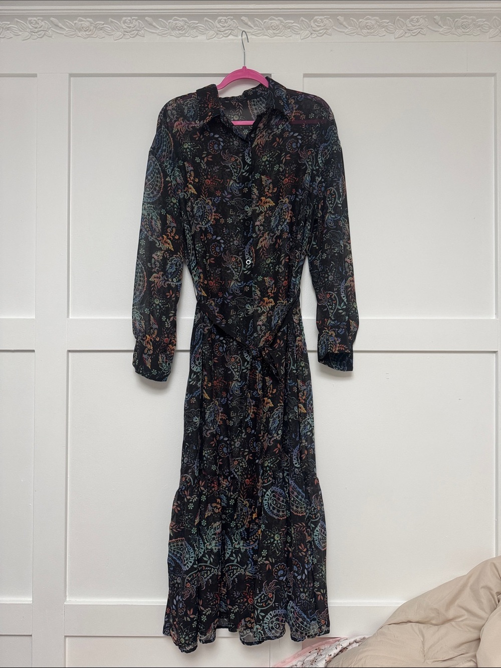 Black Paisley Shirt Dress - Elegant Long Sleeve Women's Dress
